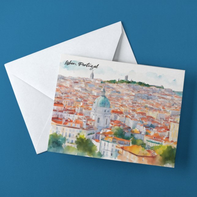 Cartão Postal Lisboa Portugal Vista Panorâmica em Aquarela (lisbon portugal panorama watercolor postcard)