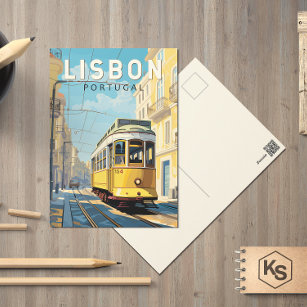 Cartão Postal Lisboa Portugal Yellow Tram Viagem Art Vintage