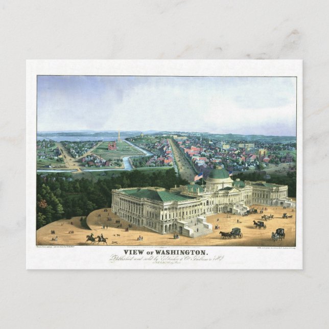 Cartão Postal Lithógrafo a cores 1852 - Vista de Washington (Frente)