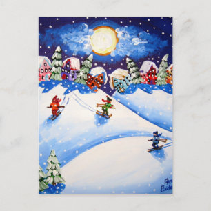 Cartão Postal Litte Skiers Winter Folk Art
