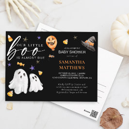 Cartão Postal Little Boo Halloween Watercolor Baby Shower Preto