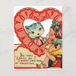Cartão Postal Little Girl & Kitten Vintage Valentine Postcard