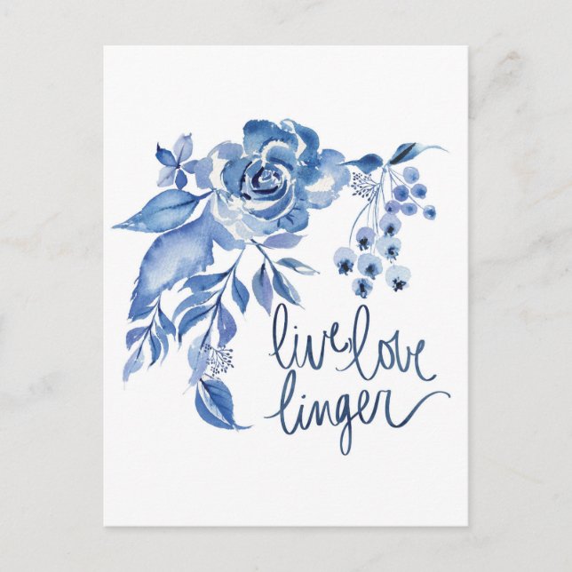 Cartão Postal Live Love Linger | Rosa Azul Floral (Frente)