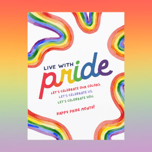Cartão Postal Live with Pride Rainbow Watercolor