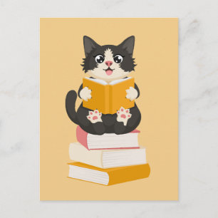 Cartão Postal Livro Kawaii Lover Simples Cartoon Cat Reader Book