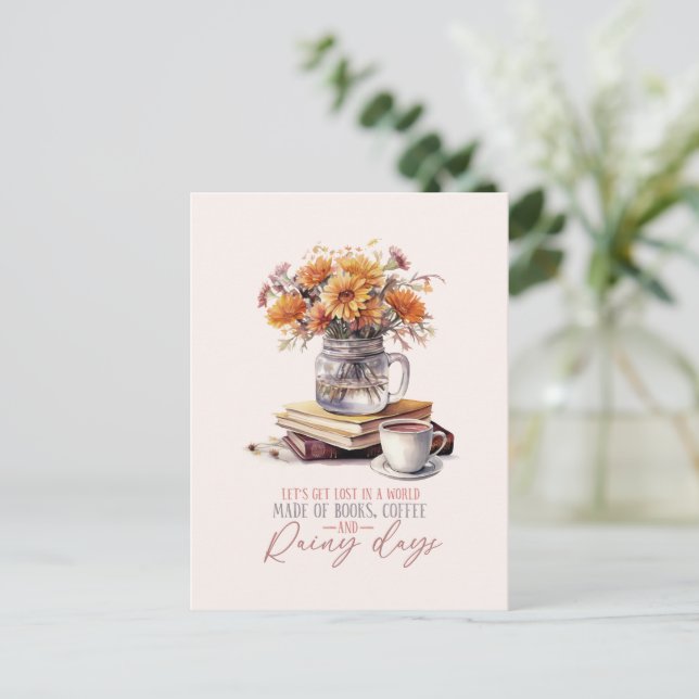 Cartão Postal Livros, Café e Dias de Chuva (Em pé/Frente)