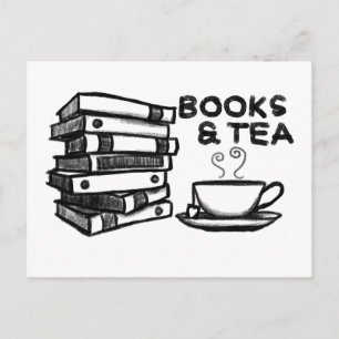 Cartão Postal Livros desenhados à mão e Chá