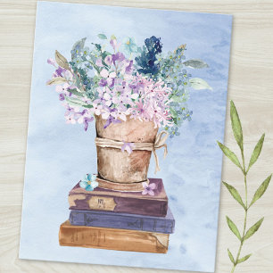 Cartão Postal Livros e Flores de Arte Roxo Azul