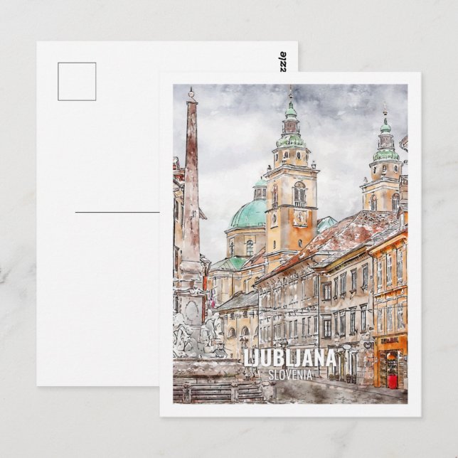Cartão Postal Ljubljana Eslovênia Famoso Viagem Watercolor Sketc (Frente/Verso)