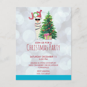 Cartão Postal Llama no Prata Bokeh e Icy Blue Christmas Party
