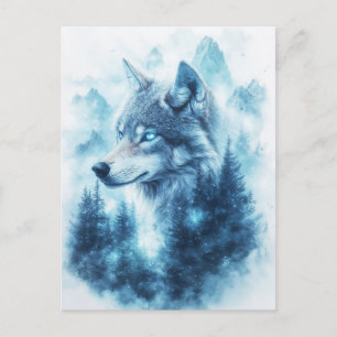 Cartão Postal Lobo Azul Majestoso e Montanha de Inverno