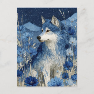 Cartão Postal Lobo Azul Majestoso no Jardim Florido Estrelado