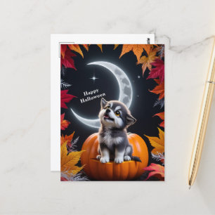 Cartão Postal Lobo Bonito com Escândalo de Outono da Lua Crescen