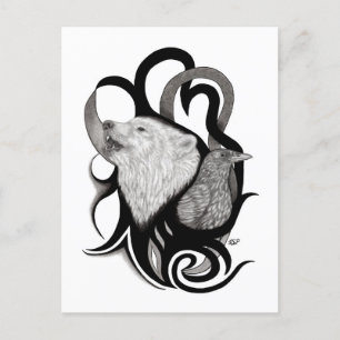 Cartão Postal Lobo Branco com Arte Tribal Raven