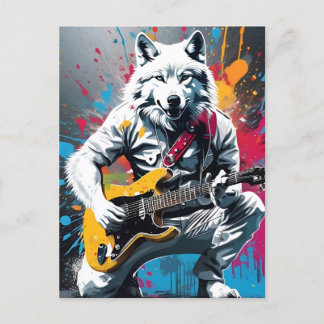 Cartão Postal Lobo branco tocando violão, grafite