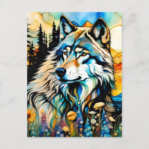 Cartão Postal Lobo-cinza e flores selvagens