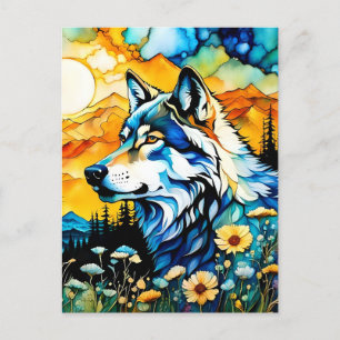 Cartão Postal Lobo-cinza e flores selvagens
