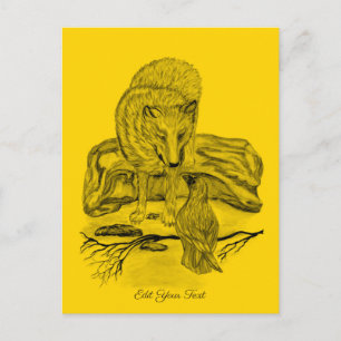 Cartão Postal Lobo e Corvo - Design Preto e Amarelo