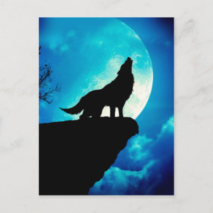 Cartão Postal Lobo em silhueta uivando até a lua de cheio