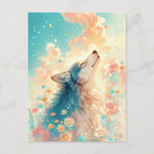 Cartão Postal Lobo Majestoso em Jardim Floral Iluminado pelo Sol