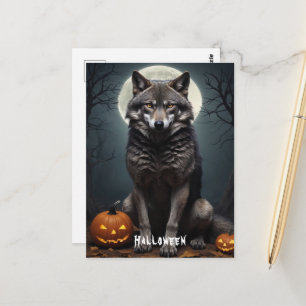 Cartão Postal Lobo Misterioso com Arte de Halloween de Abóbora