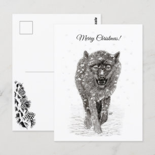 Cartão Postal Lobo Negro Zangado na Neve, inverno selvagem