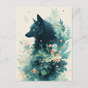 Cartão Postal Lobo Preto Místico no Jardim Botânico Turquesa