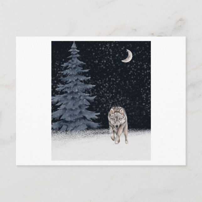 Cartão Postal Lobo selvagem pintado com aquarelas no inverno (Frente)