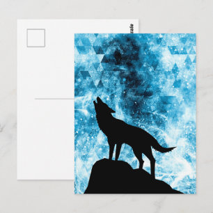 Cartão Postal Lobo Uivando Fumaça azul abstrata de inverno nevad
