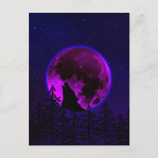 CARTÃO POSTAL LOBO UIVANDO LUA MAGENTA   (Frente)