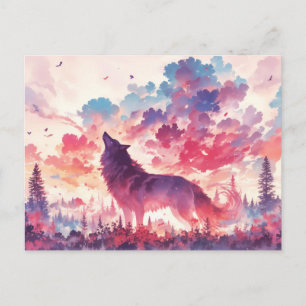 Cartão Postal Lobo Uivando na Floresta do Crepúsculo Rosa