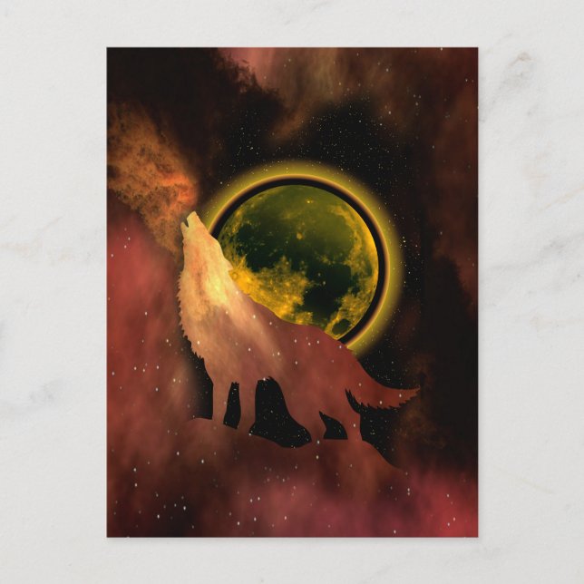 CARTÃO POSTAL LOBO UIVANDO NA GALÁXIA DA LUA ESPACIAL (Frente)