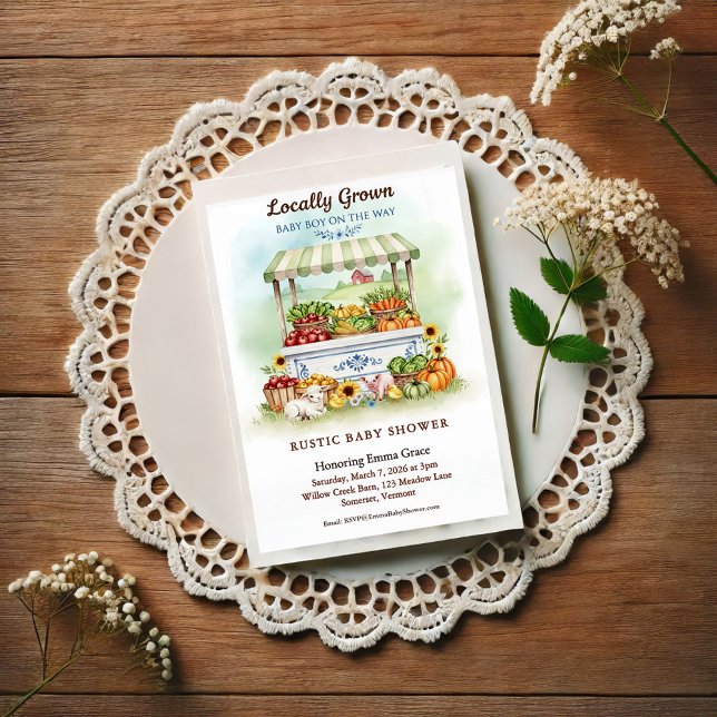 Cartão Postal Locally Grown Market Boy Baby Shower Invitation (Criador carregado)