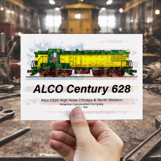 Cartão Postal Locomotiva a diesel Alco C-628 e bandeira american