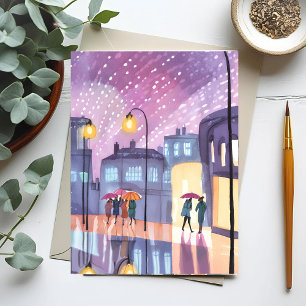 Cartão Postal Lofi Rainy Walk   Colorida City Lights Watercolor