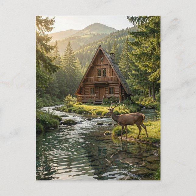 Cartão Postal Log Cabin, Stream and Deer, Father's Day (Frente)