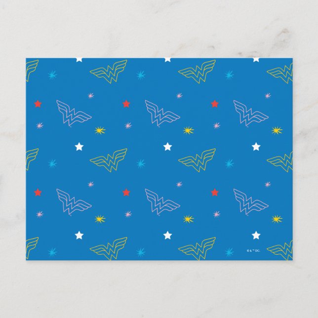 Cartão Postal Logotipo da Mulher-Maravilha e Estrelas Padrão Azu (Frente)