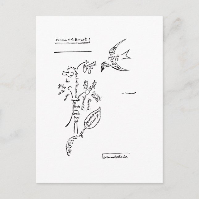 Cartão Postal L'oiseau et le buquê, por Apollinaire (Frente)