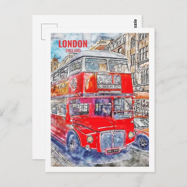 Cartão Postal London Bus England Famoso Viagem Place Watercolor (Frente/Verso)