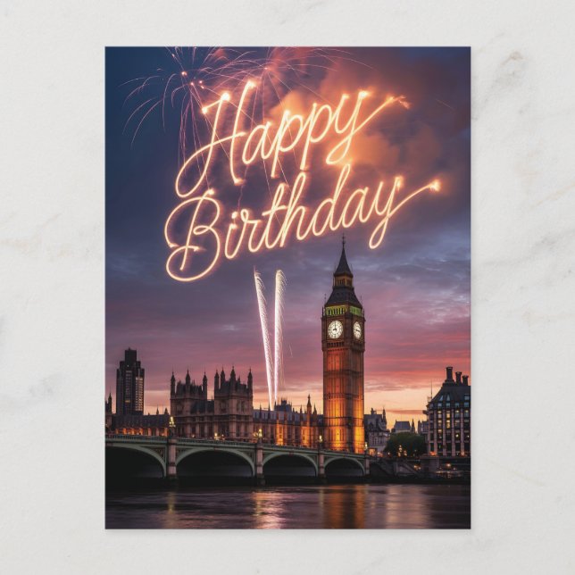 Cartão Postal London Cityscape Birthday Greeting with Fireworks  (Frente)