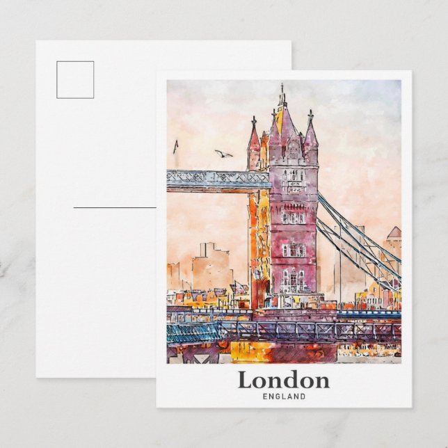 Cartão Postal London England Viagem Watercolor Hand Drawn (Frente/Verso)