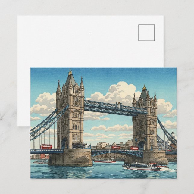 Cartão Postal London Tower Bridge Japanese Woodblock Print (Frente/Verso)