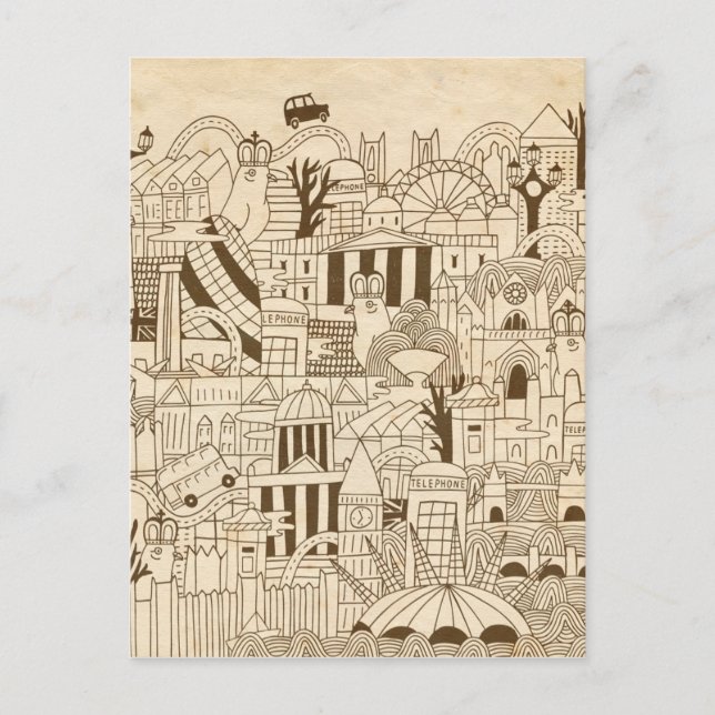 Cartão Postal Londres Desenhado à Mão em Papel Antigo (Frente)