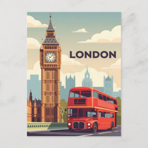 Cartão Postal Londres Vintage com Big Ben e ônibus vermelho