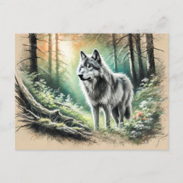 Cartão Postal Lone Wolf in Forest with Sunshine