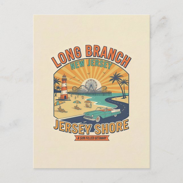 Cartão Postal Long Branch NJ – Viagem com Estilo Retro dos Anos  (Frente)
