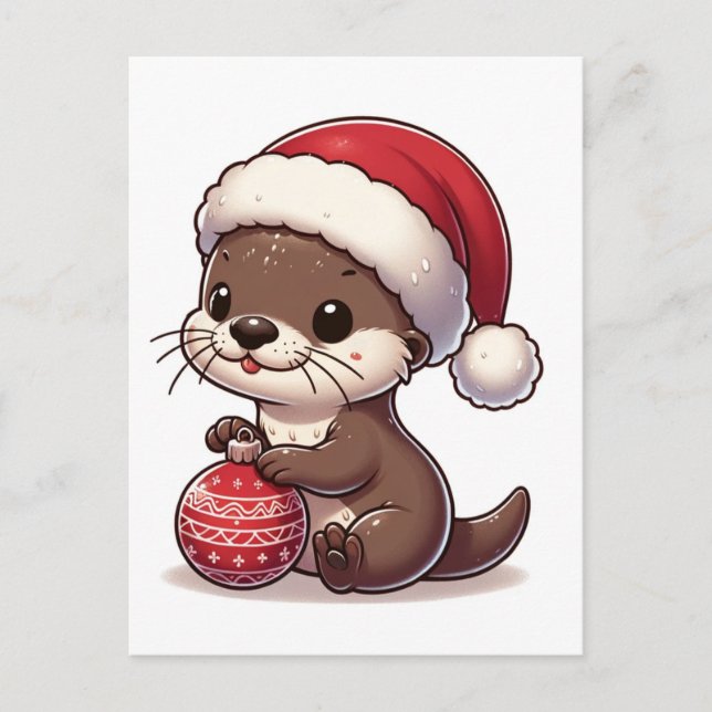 Cartão Postal Lontra Adorável de Natal Com Enfeite (Frente)