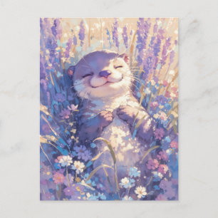 Cartão Postal Lontra Adormecida em Campo de Lavanda Roxa