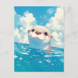 Cartão Postal Lontra Aquarela Feliz Céu Azul