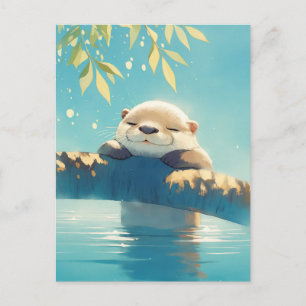 Cartão Postal Lontra de Aquarela Adormecida no Galho Iluminado p